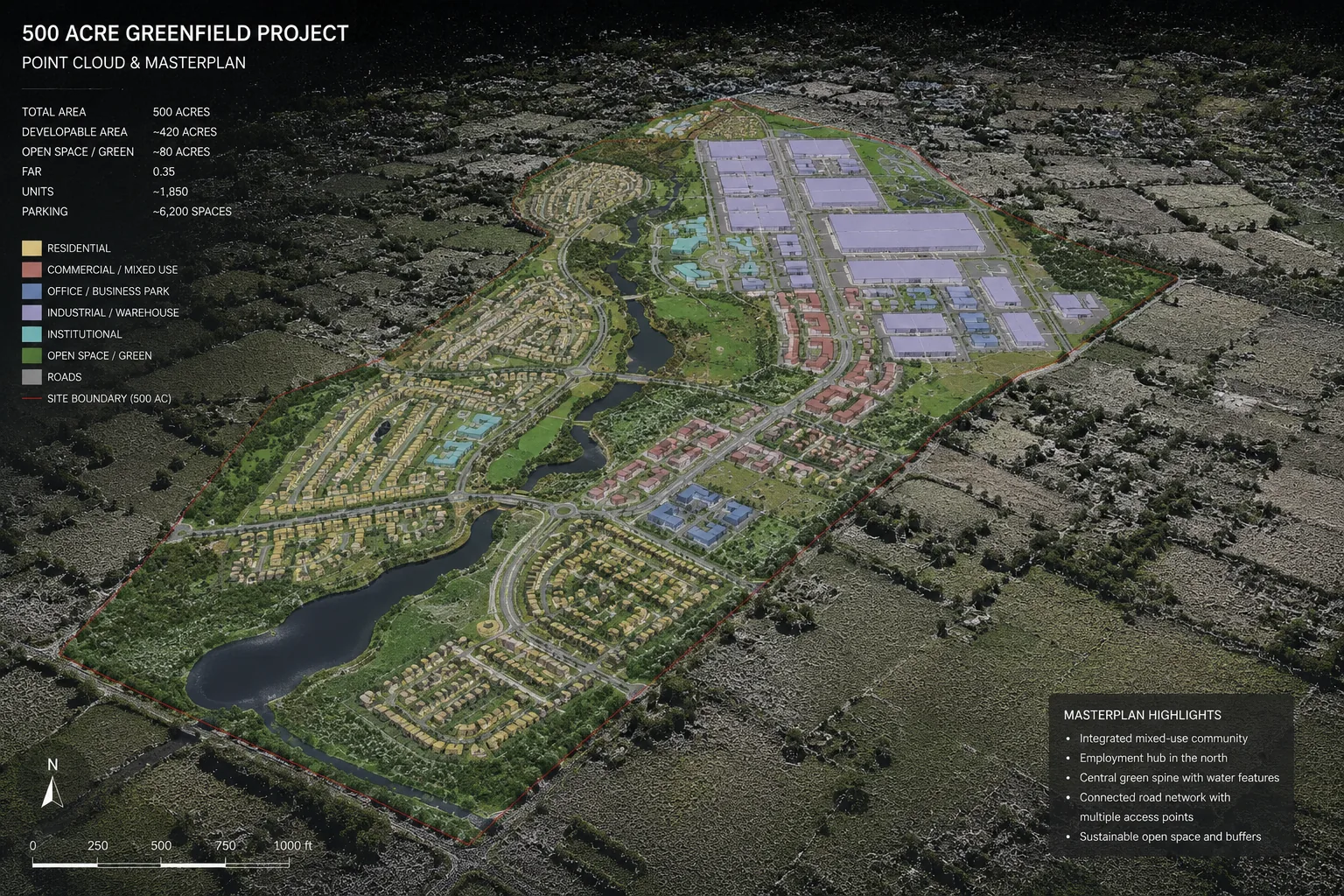 500 acre greenfield project: point cloud and masterplan